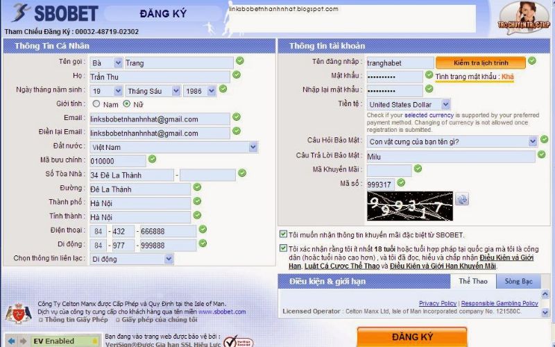 Giao diện đăng ký tài khoản cá cược tại Sbobet